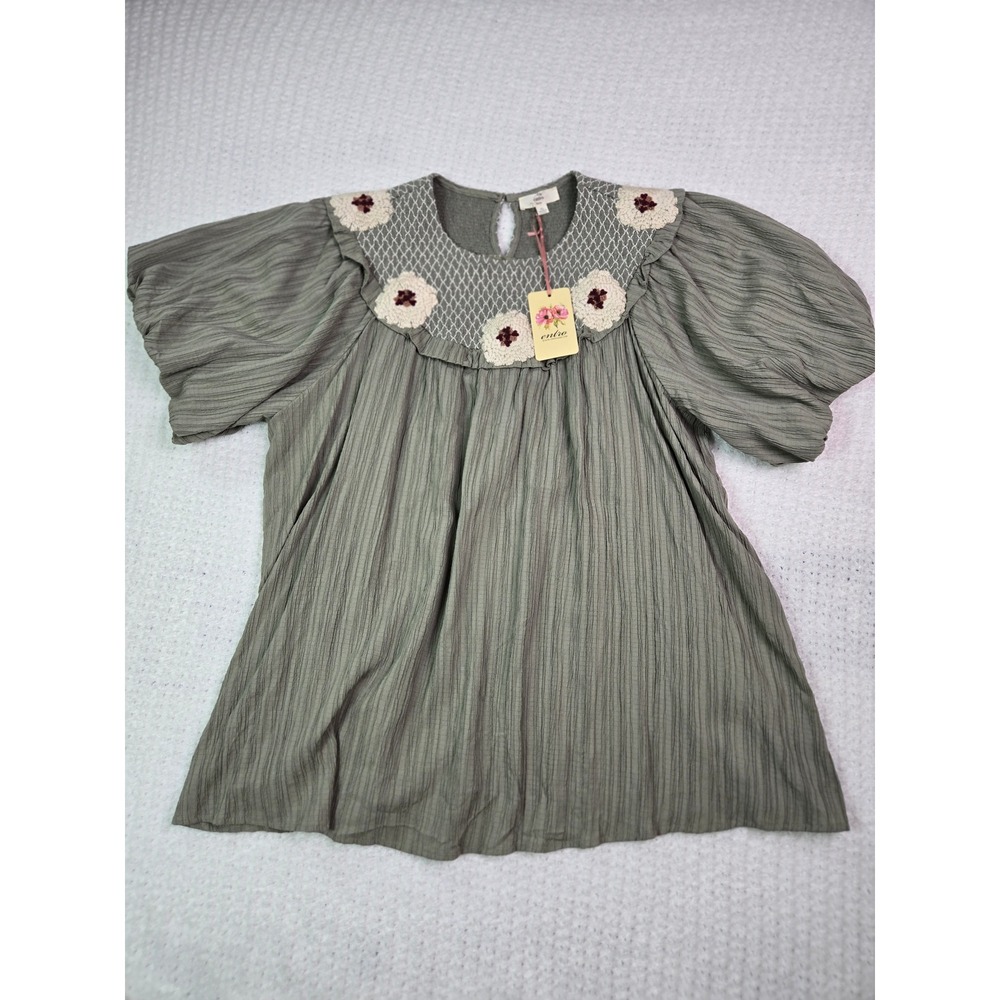 entro Olive Green Smocked Yoke Puff Sleeve Blouse with Crochet Flowers